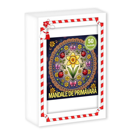 Martisoare in cutie - Martisor de colorat, 50 de ilustratii format A6 in cutie cu tematica de primavara, model: Mandale de Primavara