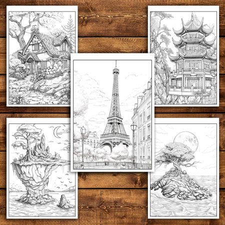 Martisor de colorat, 50 de ilustratii format A6 in cutie cu tematica de primavara, model: Peisaje [2]