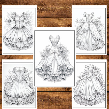 Martisor de colorat, 50 de ilustratii format A6 in cutie cu tematica de primavara, model: Rochii Florale [4]