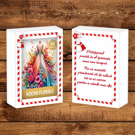 Martisor de colorat, 50 de ilustratii format A6 in cutie cu tematica de primavara, model: Rochii Florale [1]