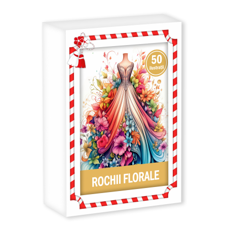 Martisoare in cutie - Martisor de colorat, 50 de ilustratii format A6 in cutie cu tematica de primavara, model: Rochii Florale