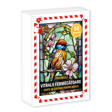 Martisoare in cutie - Martisor de colorat, 50 de ilustratii format A6 in cutie cu tematica de primavara, model: Vitralii Fermecatoare