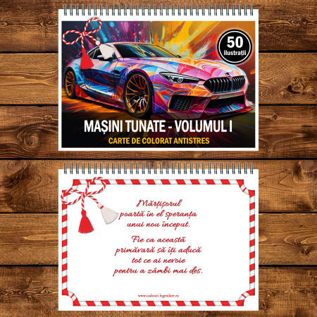 Martisor de colorat pentru baieti, 50 de ilustratii format A5, carte de colorat cu spira metalica, model: Masini Tunate [2]