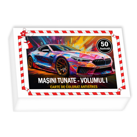 Martisoare in cutie - Martisor de colorat pentru baieti, 50 de ilustratii format A6 in cutie cu tematica de primavara, model: Masini Tunate