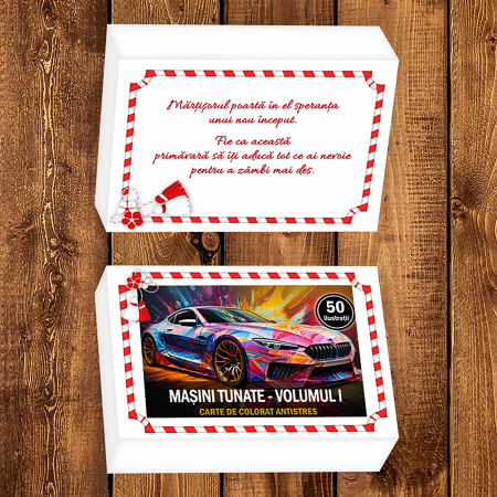 Martisor de colorat pentru baieti, 50 de ilustratii format A6 in cutie cu tematica de primavara, model: Masini Tunate [1]