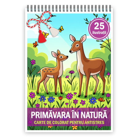 Martisoare format A5 - Martisor de colorat pentru copii, 25 de ilustratii format A5, carte de colorat cu spira metalica, model: Primavara in natura