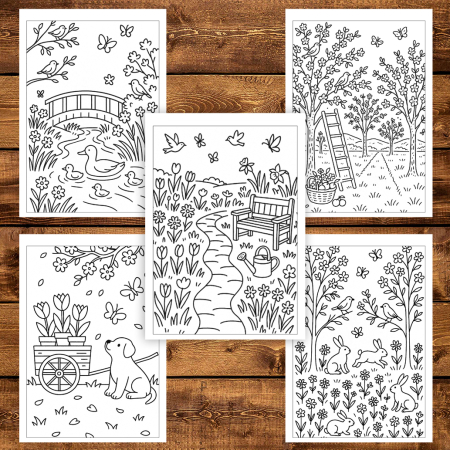 Martisor de colorat pentru copii, 25 de ilustratii format A6 in cutie cu tematica de primavara, model: Primavara in natura [3]