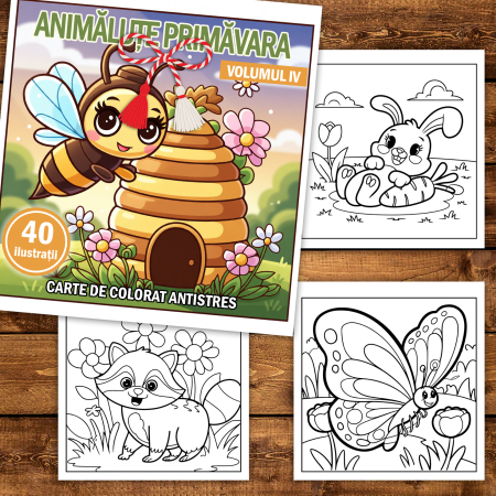 Martisor de colorat pentru copii, 40 de ilustratii format A5, carte de colorat cu spira metalica, model: Animalute Primavara - Volumul IV [1]
