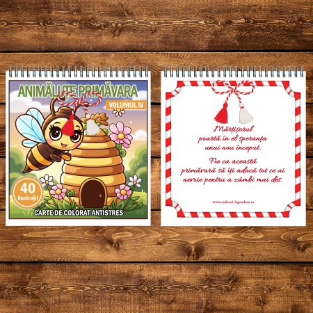 Martisor de colorat pentru copii, 40 de ilustratii format A5, carte de colorat cu spira metalica, model: Animalute Primavara - Volumul IV [2]