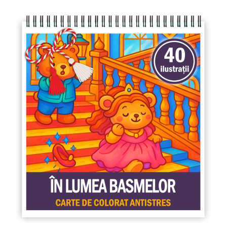 Martisoare format A5 - Martisor de colorat pentru copii, 40 de ilustratii format A5, carte de colorat cu spira metalica, model: Lumea Basmelor