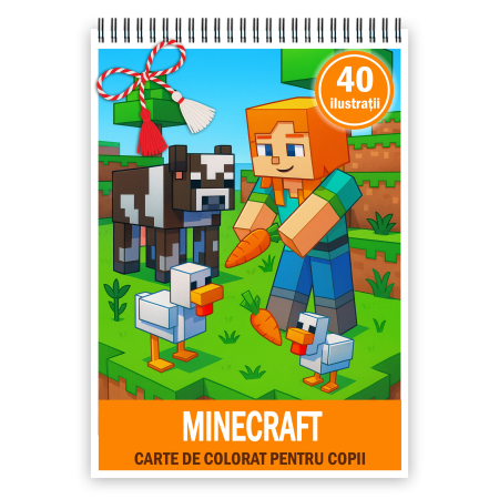 Martisoare format A5 - Martisor de colorat pentru copii, 40 de ilustratii format A5, carte de colorat cu spira metalica, model: Minecraft
