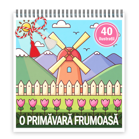 Martisoare format A5 - Martisor de colorat pentru copii, 40 de ilustratii format A5, carte de colorat cu spira metalica, model: O primavara frumoasa