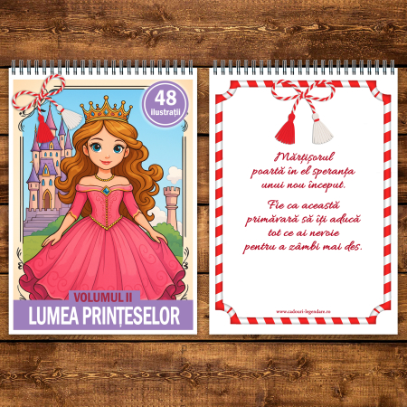 Martisor de colorat pentru copii, 48 de ilustratii format A5, carte de colorat cu spira metalica, model: Lumea Printeselor [2]