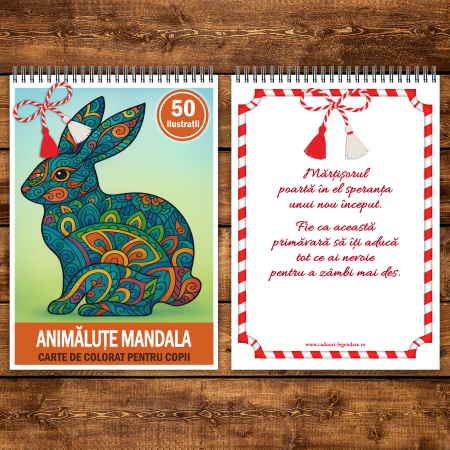 Martisor de colorat pentru copii, 50 de ilustratii format A5, carte de colorat cu spira metalica, model: Animalute Mandala [2]