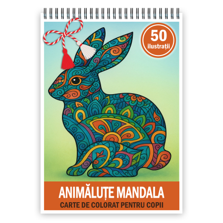 Martisoare format A5 - Martisor de colorat pentru copii, 50 de ilustratii format A5, carte de colorat cu spira metalica, model: Animalute Mandala