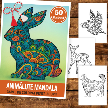 Martisor de colorat pentru copii, 50 de ilustratii format A5, carte de colorat cu spira metalica, model: Animalute Mandala [1]