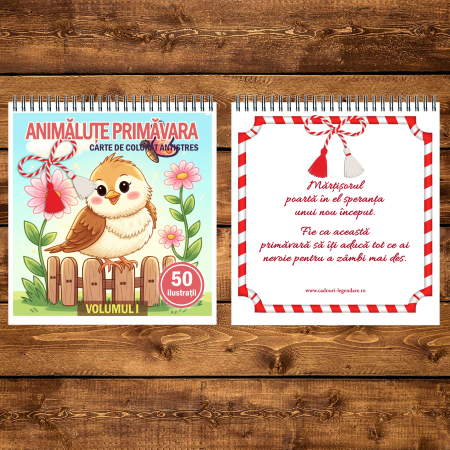 Martisor de colorat pentru copii, 50 de ilustratii format A5, carte de colorat cu spira metalica, model: Animalute Primavara [2]