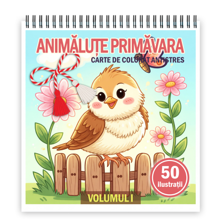 Martisoare format A5 - Martisor de colorat pentru copii, 50 de ilustratii format A5, carte de colorat cu spira metalica, model: Animalute Primavara