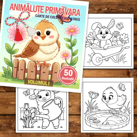 Martisor de colorat pentru copii, 50 de ilustratii format A5, carte de colorat cu spira metalica, model: Animalute Primavara [1]