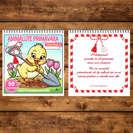 Martisor de colorat pentru copii, 50 de ilustratii format A5, carte de colorat cu spira metalica, model: Animalute Primavara - Volumul II [2]
