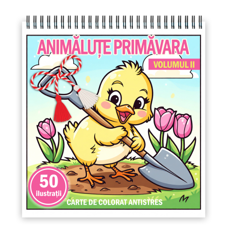 Martisoare format A5 - Martisor de colorat pentru copii, 50 de ilustratii format A5, carte de colorat cu spira metalica, model: Animalute Primavara - Volumul II
