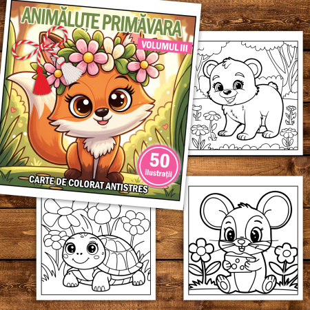 Martisor de colorat pentru copii, 50 de ilustratii format A5, carte de colorat cu spira metalica, model: Animalute Primavara - Volumul III [1]