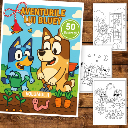 Martisor de colorat pentru copii, 50 de ilustratii format A5, carte de colorat cu spira metalica, model: Aventurile lui Bluey [1]