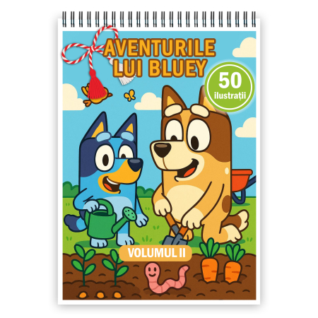 Martisoare format A5 - Martisor de colorat pentru copii, 50 de ilustratii format A5, carte de colorat cu spira metalica, model: Aventurile lui Bluey