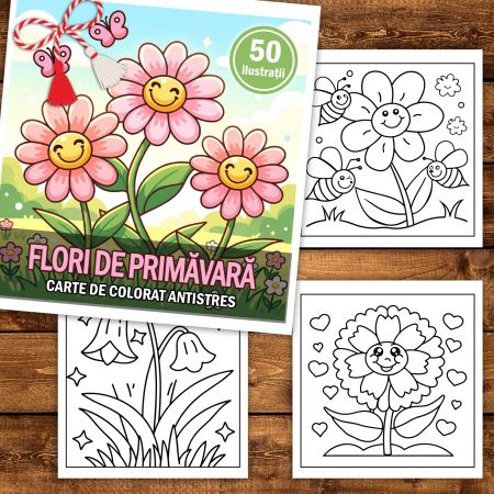 Martisor de colorat pentru copii, 50 de ilustratii format A5, carte de colorat cu spira metalica, model: Flori de Primavara [1]