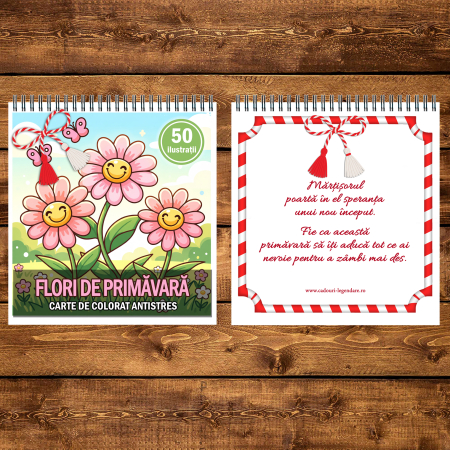 Martisor de colorat pentru copii, 50 de ilustratii format A5, carte de colorat cu spira metalica, model: Flori de Primavara [2]