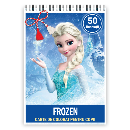 Martisoare format A5 - Martisor de colorat pentru copii, 50 de ilustratii format A5, carte de colorat cu spira metalica, model: Frozen