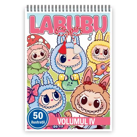 Martisoare format A5 - Martisor de colorat pentru copii, 50 de ilustratii format A5, carte de colorat cu spira metalica, model: Labubu