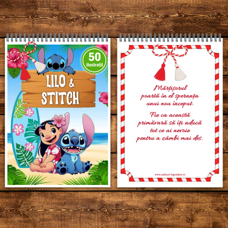 Martisor de colorat pentru copii, 50 de ilustratii format A5, carte de colorat cu spira metalica, model: Lilo & Stitch [2]