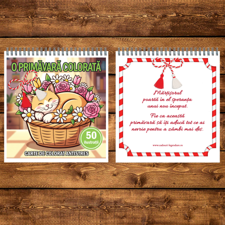 Martisor de colorat pentru copii, 50 de ilustratii format A5, carte de colorat cu spira metalica, model: O primavara colorata [2]