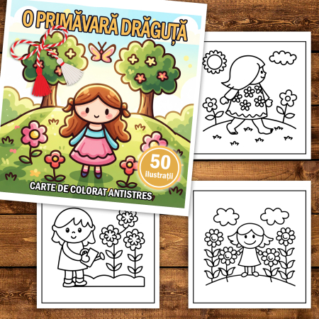 Martisor de colorat pentru copii, 50 de ilustratii format A5, carte de colorat cu spira metalica, model: O primavara draguta [1]