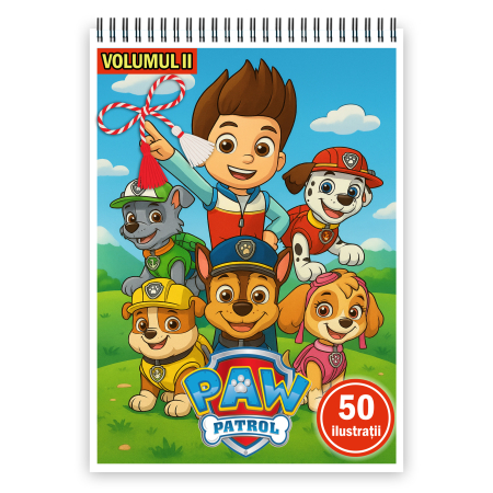 Martisoare format A5 - Martisor de colorat pentru copii, 50 de ilustratii format A5, carte de colorat cu spira metalica, model: Paw Patrol