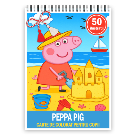 Martisoare format A5 - Martisor de colorat pentru copii, 50 de ilustratii format A5, carte de colorat cu spira metalica, model: Peppa Pig