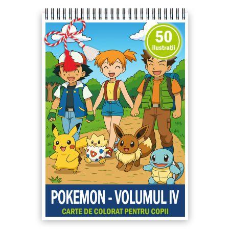 Martisoare format A5 - Martisor de colorat pentru copii, 50 de ilustratii format A5, carte de colorat cu spira metalica, model: Pokemon