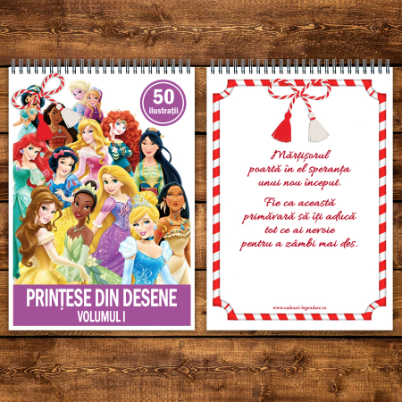Martisor de colorat pentru copii, 50 de ilustratii format A5, carte de colorat cu spira metalica, model: Printese din Desene [2]