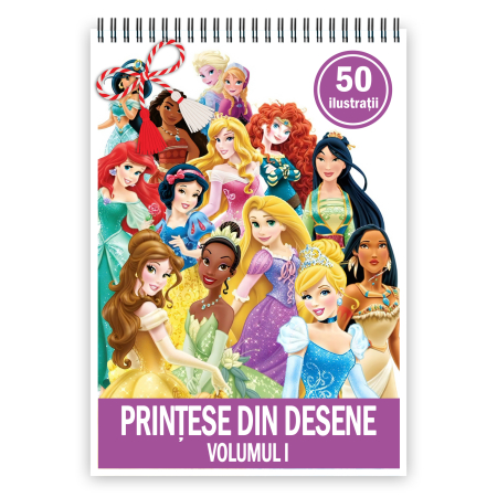 Martisoare format A5 - Martisor de colorat pentru copii, 50 de ilustratii format A5, carte de colorat cu spira metalica, model: Printese din Desene