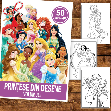 Martisor de colorat pentru copii, 50 de ilustratii format A5, carte de colorat cu spira metalica, model: Printese din Desene [1]