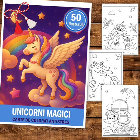 Martisor de colorat pentru copii, 50 de ilustratii format A5, carte de colorat cu spira metalica, model: Unicorni Magici [1]