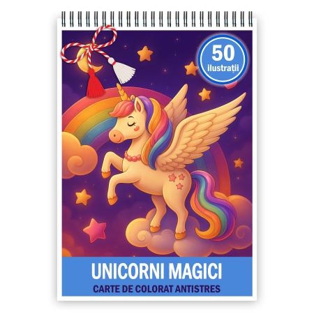 Martisoare format A5 - Martisor de colorat pentru copii, 50 de ilustratii format A5, carte de colorat cu spira metalica, model: Unicorni Magici