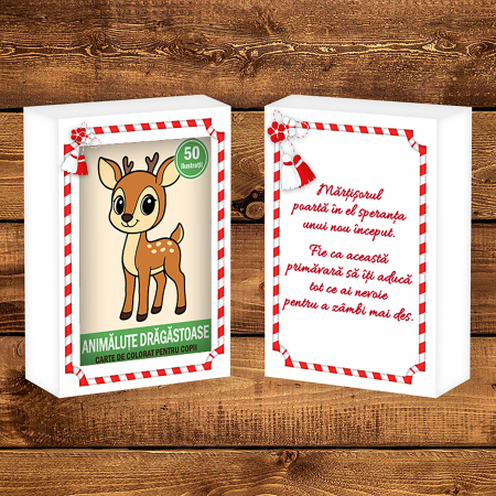 Martisor de colorat pentru copii, 50 de ilustratii format A6 in cutie cu tematica de primavara, model: Animalute Dragastoase [1]