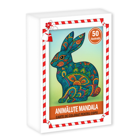 Martisoare in cutie - Martisor de colorat pentru copii, 50 de ilustratii format A6 in cutie cu tematica de primavara, model: Animalute Mandala