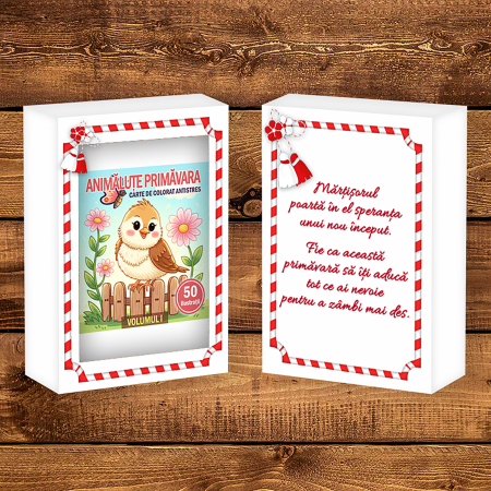 Martisor de colorat pentru copii, 50 de ilustratii format A6 in cutie cu tematica de primavara, model: Animalute Primavara [1]