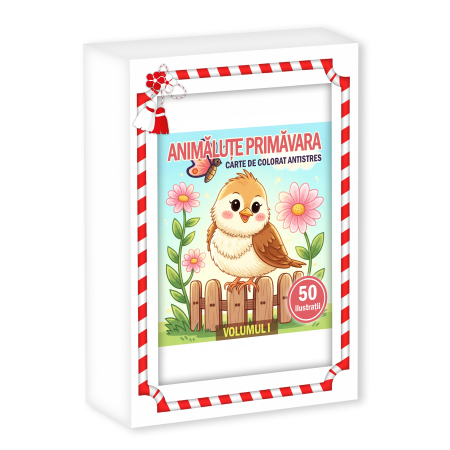 Martisoare in cutie - Martisor de colorat pentru copii, 50 de ilustratii format A6 in cutie cu tematica de primavara, model: Animalute Primavara