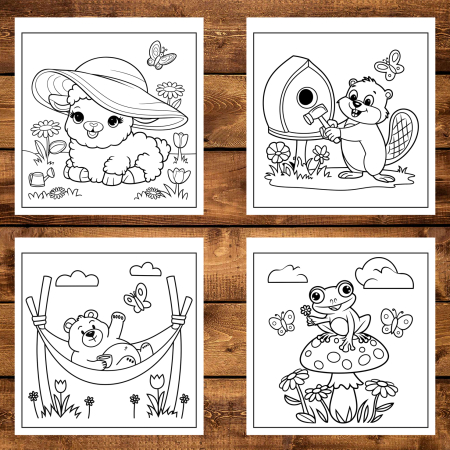 Martisor de colorat pentru copii, 50 de ilustratii format A6 in cutie cu tematica de primavara, model: Animalute Primavara [2]