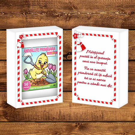 Martisor de colorat pentru copii, 50 de ilustratii format A6 in cutie cu tematica de primavara, model: Animalute Primavara - Volumul II [1]