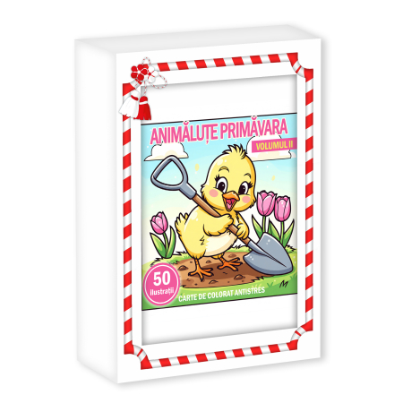Martisoare in cutie - Martisor de colorat pentru copii, 50 de ilustratii format A6 in cutie cu tematica de primavara, model: Animalute Primavara - Volumul II